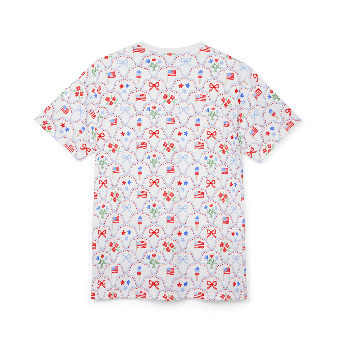 Patriotic All-Over Print Tee — Red, White &amp; Blue Stars and Flags Pattern