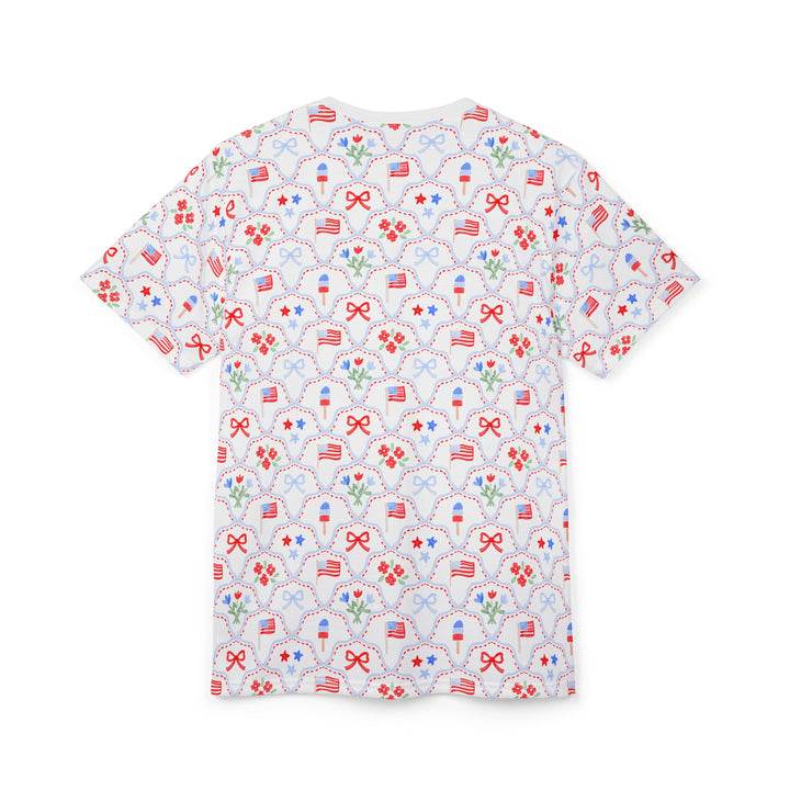 Patriotic All-Over Print Tee — Red, White &amp; Blue Stars and Flags Pattern