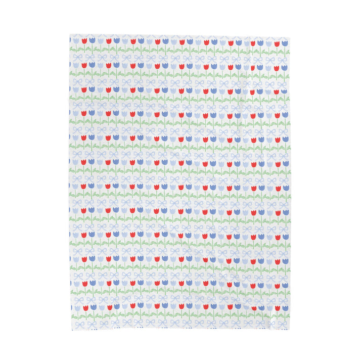 Velveteen Plush Blanket — Red &amp; Blue Tulip Pattern Cozy Throw