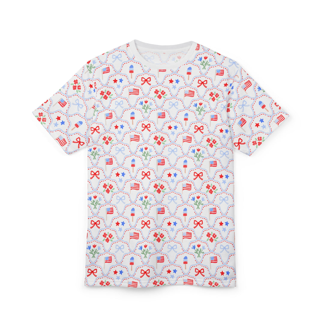 Patriotic All-Over Print Tee — Red, White &amp; Blue Stars and Flags Pattern