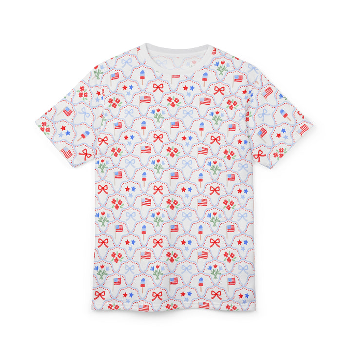 Patriotic All-Over Print Tee — Red, White &amp; Blue Stars and Flags Pattern