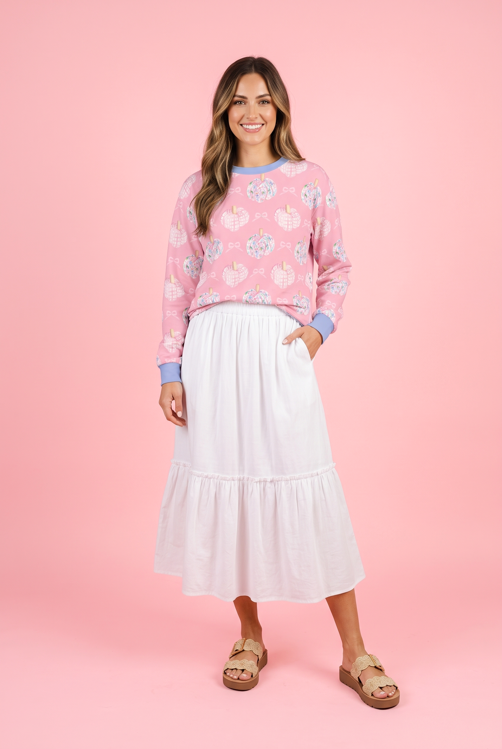 Pink Pumpkin Pattern Sweatshirt — Cute Pastel Autumn Crewneck