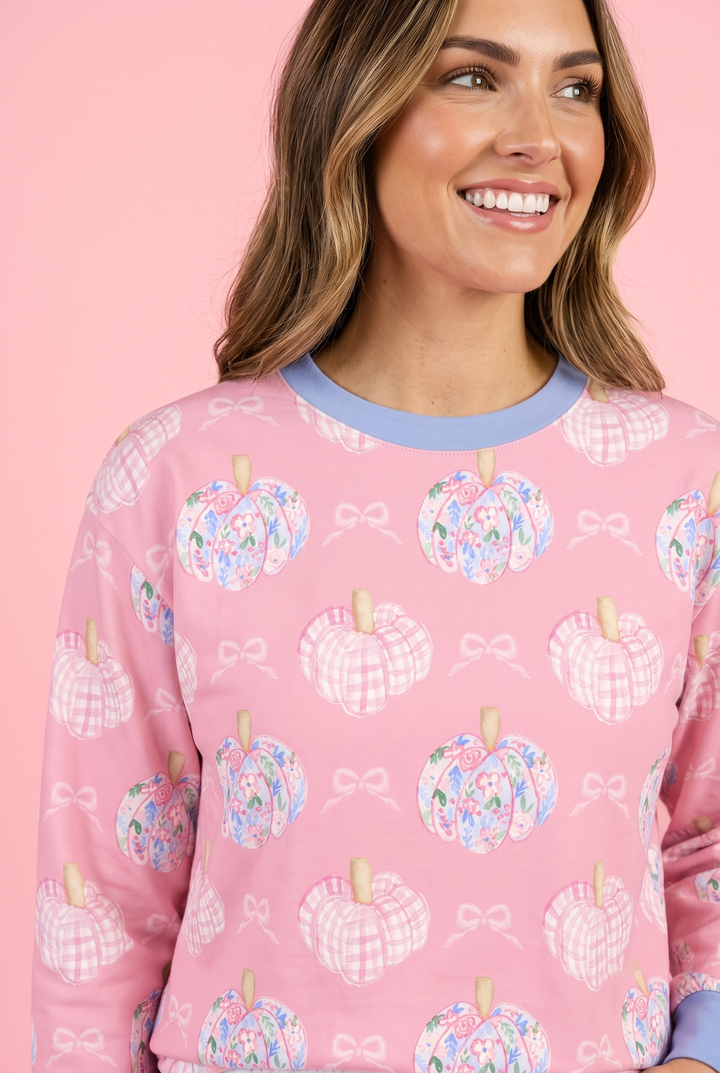 Pink Pumpkin Pattern Sweatshirt — Cute Pastel Autumn Crewneck