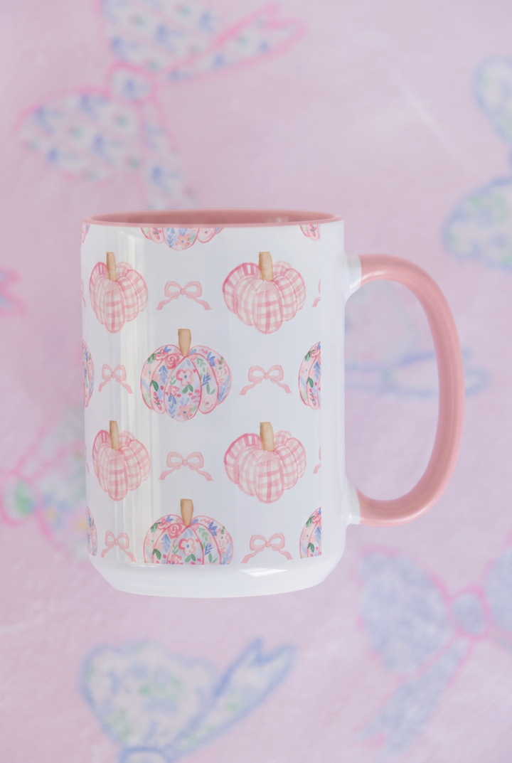 Pink Floral Pumpkin Coffee Mug — Cute Fall Accent Mug (11/15oz)