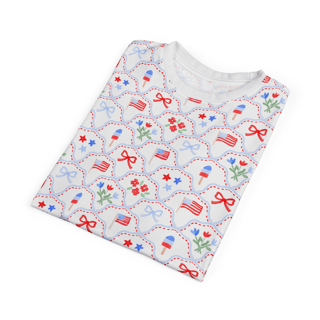 Patriotic All-Over Print Tee — Red, White &amp; Blue Stars and Flags Pattern