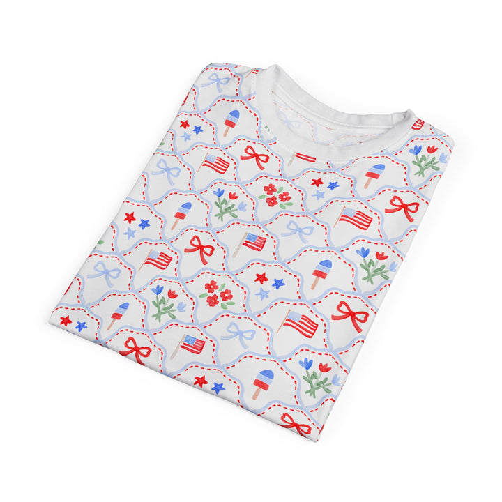 Patriotic All-Over Print Tee — Red, White &amp; Blue Stars and Flags Pattern
