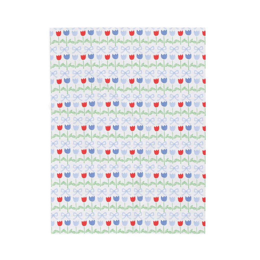 Velveteen Plush Blanket — Red &amp; Blue Tulip Pattern Cozy Throw