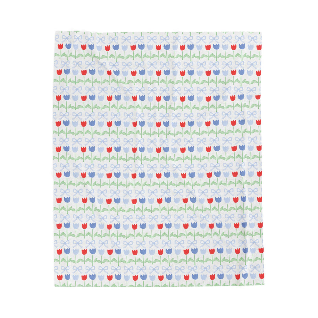 Velveteen Plush Blanket — Red &amp; Blue Tulip Pattern Cozy Throw