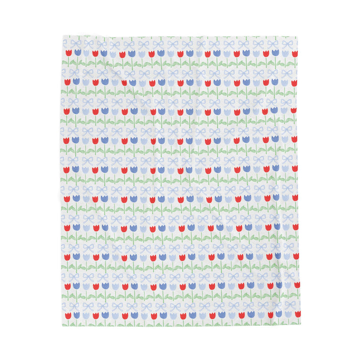 Velveteen Plush Blanket — Red &amp; Blue Tulip Pattern Cozy Throw