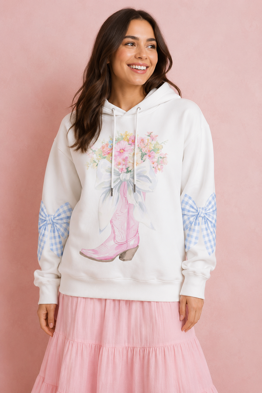 Pastel Floral Pink Cowboy Boot Hoodie | Southern Coquette Fleece Pullover with Blue Gingham Bows