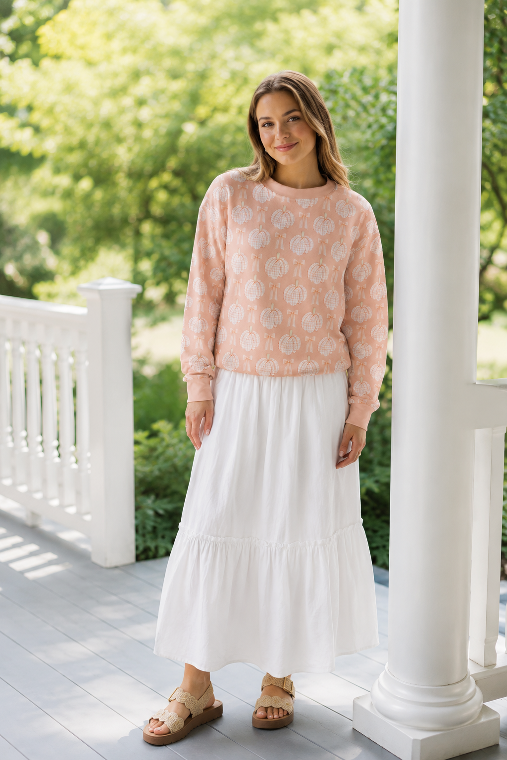 Blush Gingham Pumpkin Sweatshirt | Pink Pumpkin Crewneck | Cozy Fall Pullover | Grandmillennial Women&