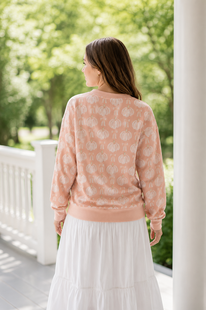 Blush Gingham Pumpkin Sweatshirt | Pink Pumpkin Crewneck | Cozy Fall Pullover | Grandmillennial Women&