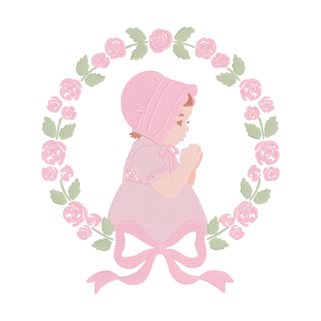 Baby Girl in Bonnet Praying Floral Wreath