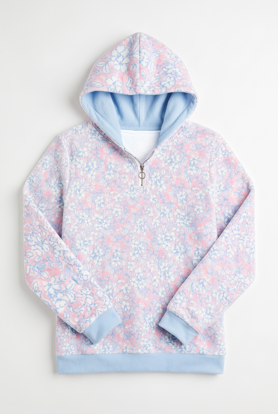 Pastel Floral Half Zip Borg Hoodie | Cozy Sherpa Fleece Pullover with Hood &amp; Kangaroo Pocket
