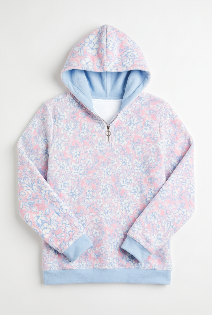 Pastel Floral Half Zip Borg Hoodie | Cozy Sherpa Fleece Pullover with Hood &amp; Kangaroo Pocket