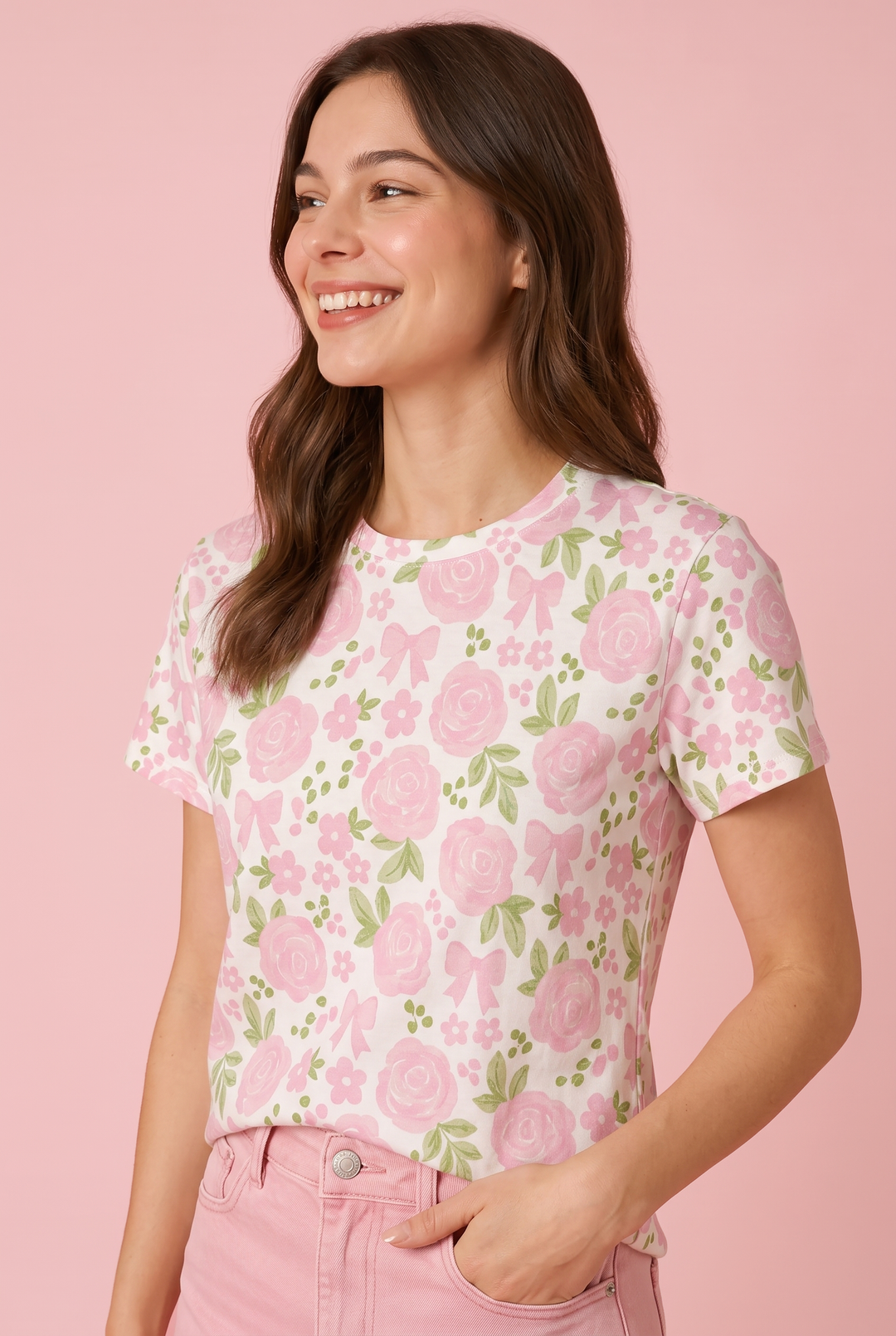 Pink Rosette &amp; Bow Floral Cotton T-Shirt | Feminine Cottagecore Graphic Tee | Soft 100% Cotton Women&