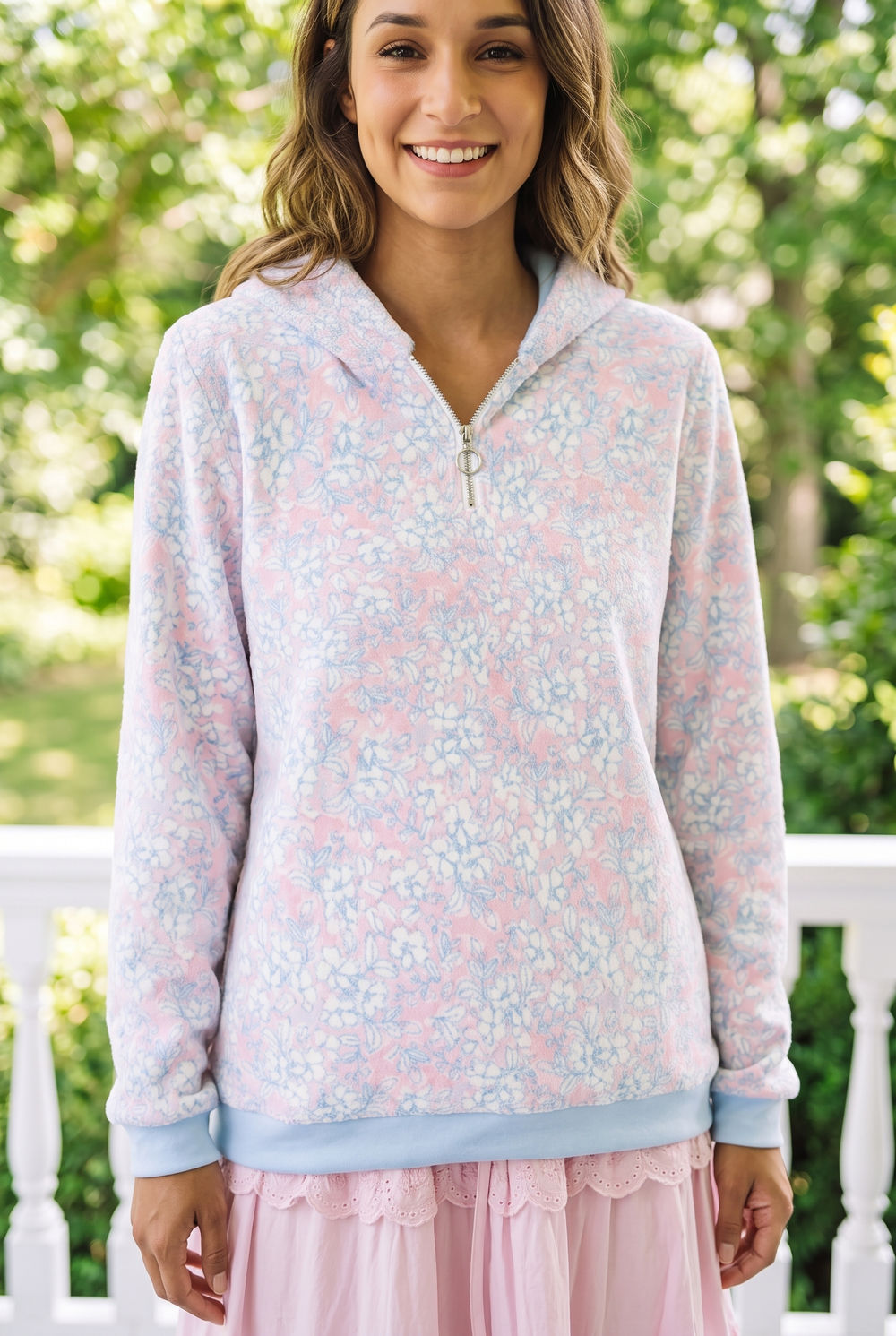 Pastel Floral Half Zip Borg Hoodie | Cozy Sherpa Fleece Pullover with Hood & Kangaroo Pocket