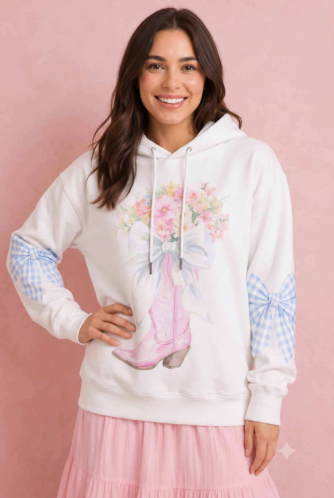 Pastel Floral Pink Cowboy Boot Hoodie | Southern Coquette Fleece Pullover with Blue Gingham Bows