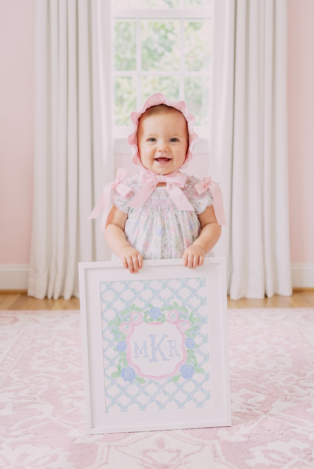 Hydrangea & Bows Crest | Personalized Heirloom Nursery Art