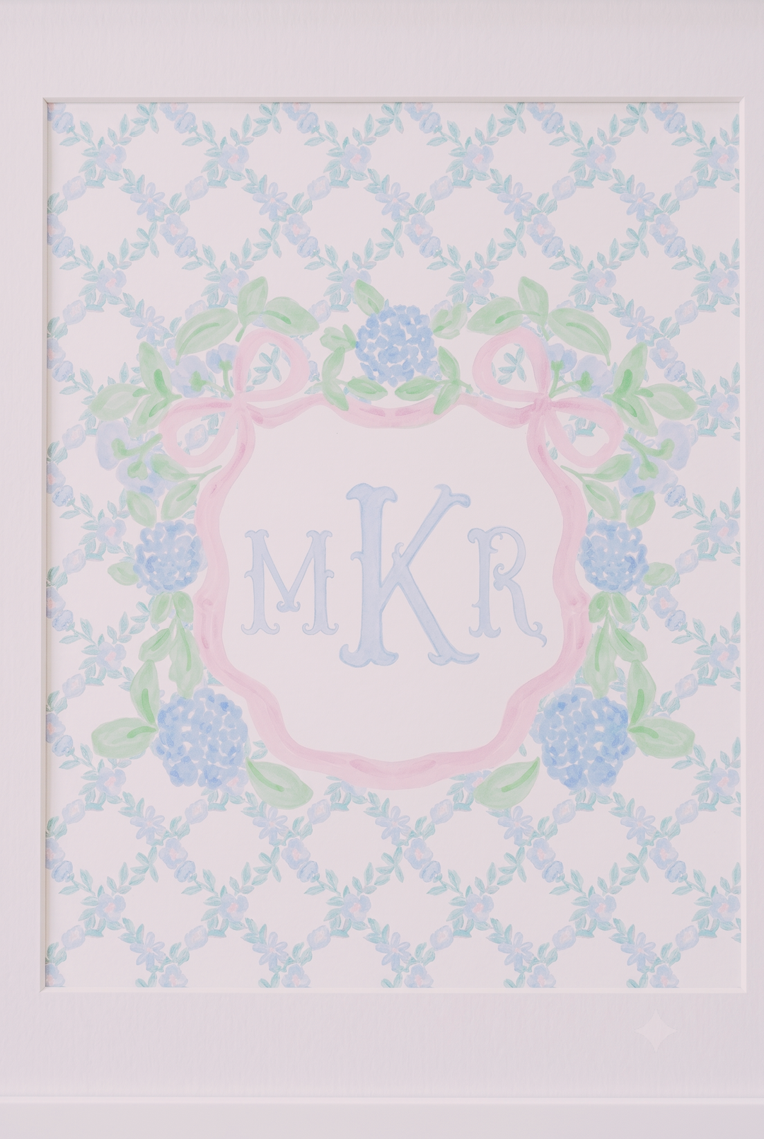 Hydrangea &amp; Bows Crest | Personalized Heirloom Nursery Art