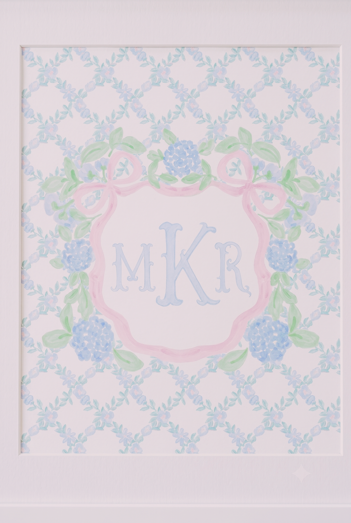 Hydrangea &amp; Bows Crest | Personalized Heirloom Nursery Art