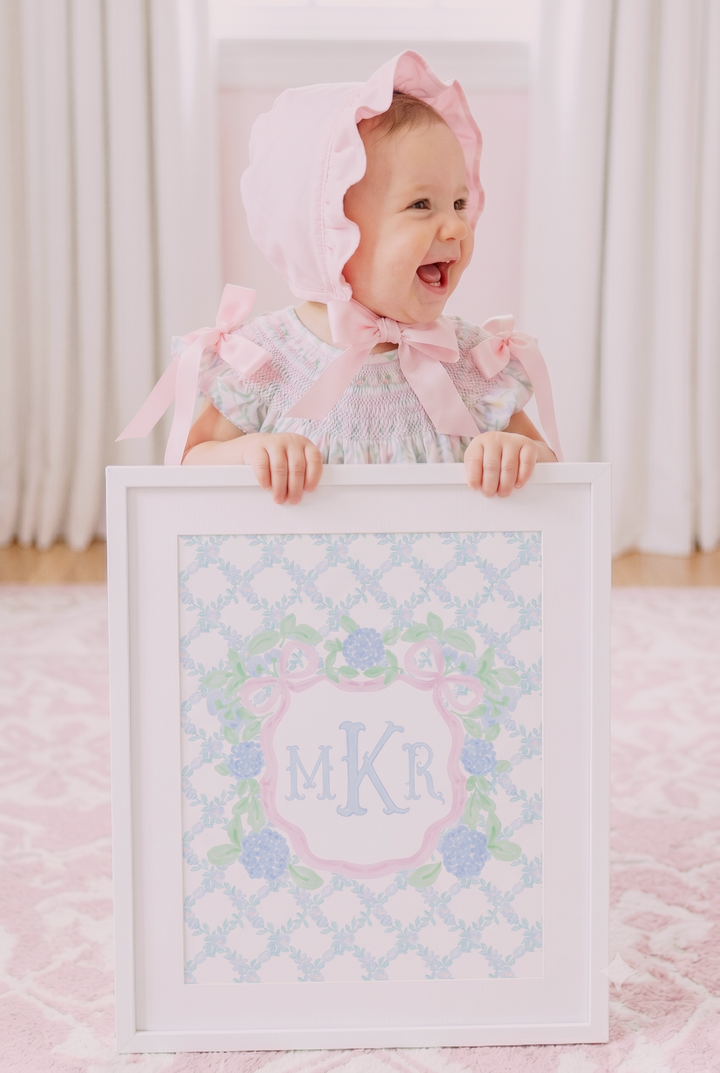 Hydrangea &amp; Bows Crest | Personalized Heirloom Nursery Art