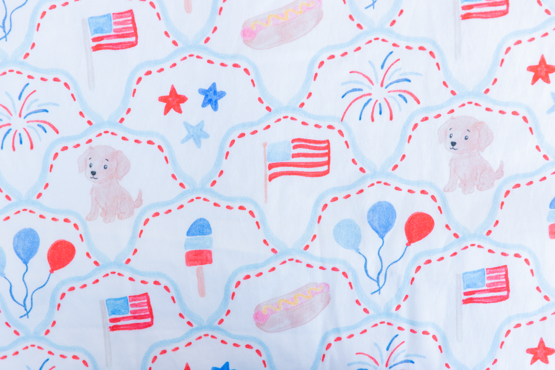 Patriotic Puppy &amp; Fireworks Knit Fabric Panel | 30x40"