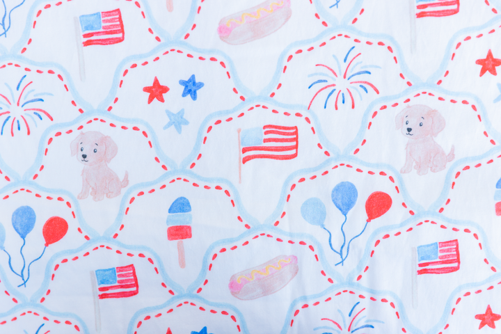 Patriotic Puppy &amp; Fireworks Knit Fabric Panel | 30x40"