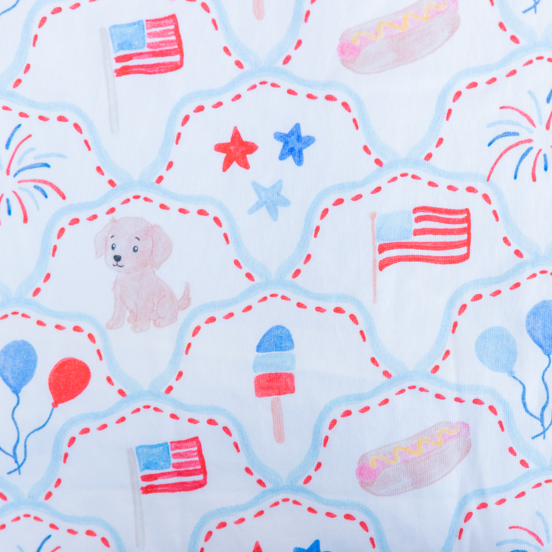 Patriotic Puppy &amp; Fireworks Knit Fabric Panel | 30x40"