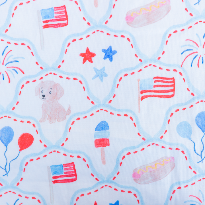 Patriotic Puppy &amp; Fireworks Knit Fabric Panel | 30x40"
