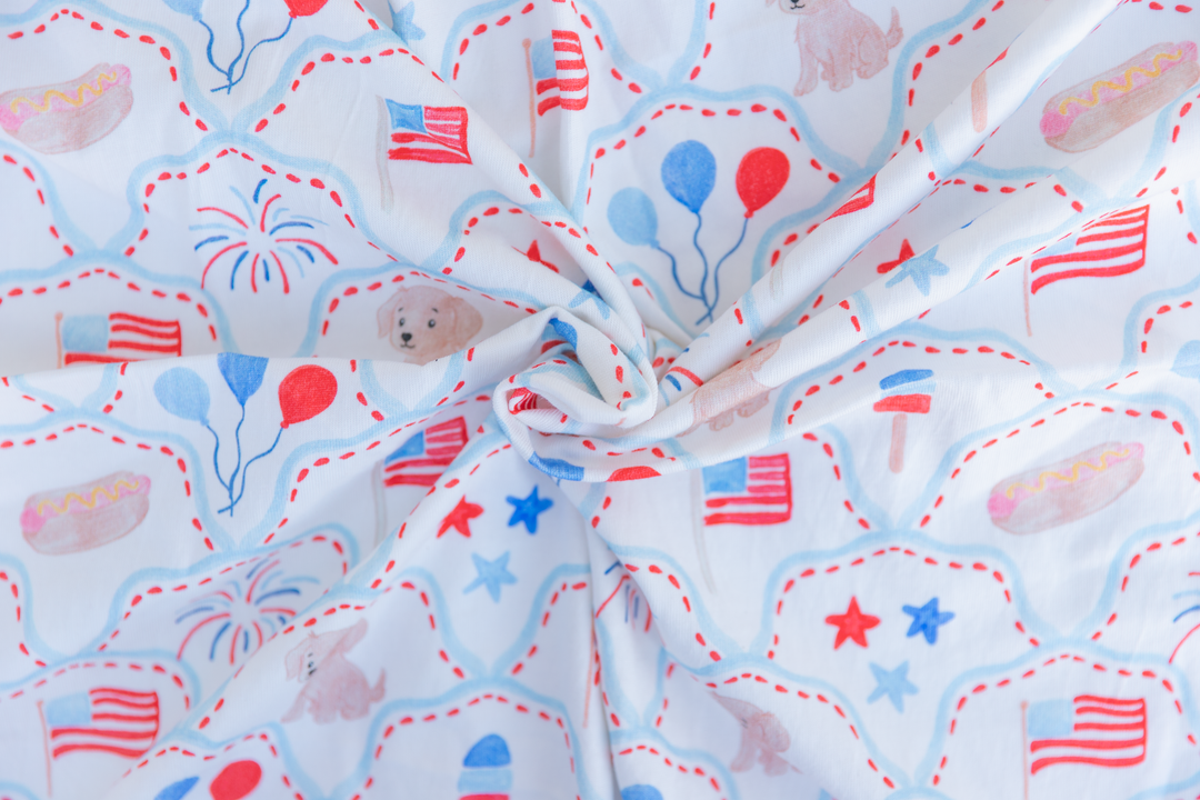 Patriotic Puppy &amp; Fireworks Knit Fabric Panel | 30x40"