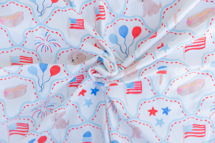 Patriotic Puppy &amp; Fireworks Knit Fabric Panel | 30x40"