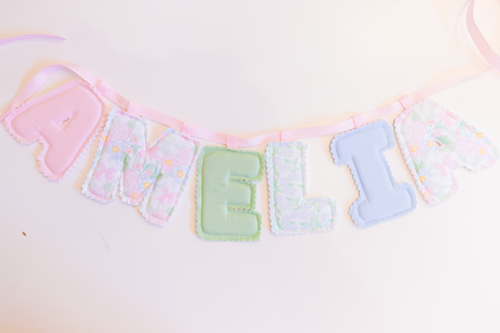 Pastel Floral Fabric Name Banner | Handmade Puffy Letter Bunting | Ready to Ship