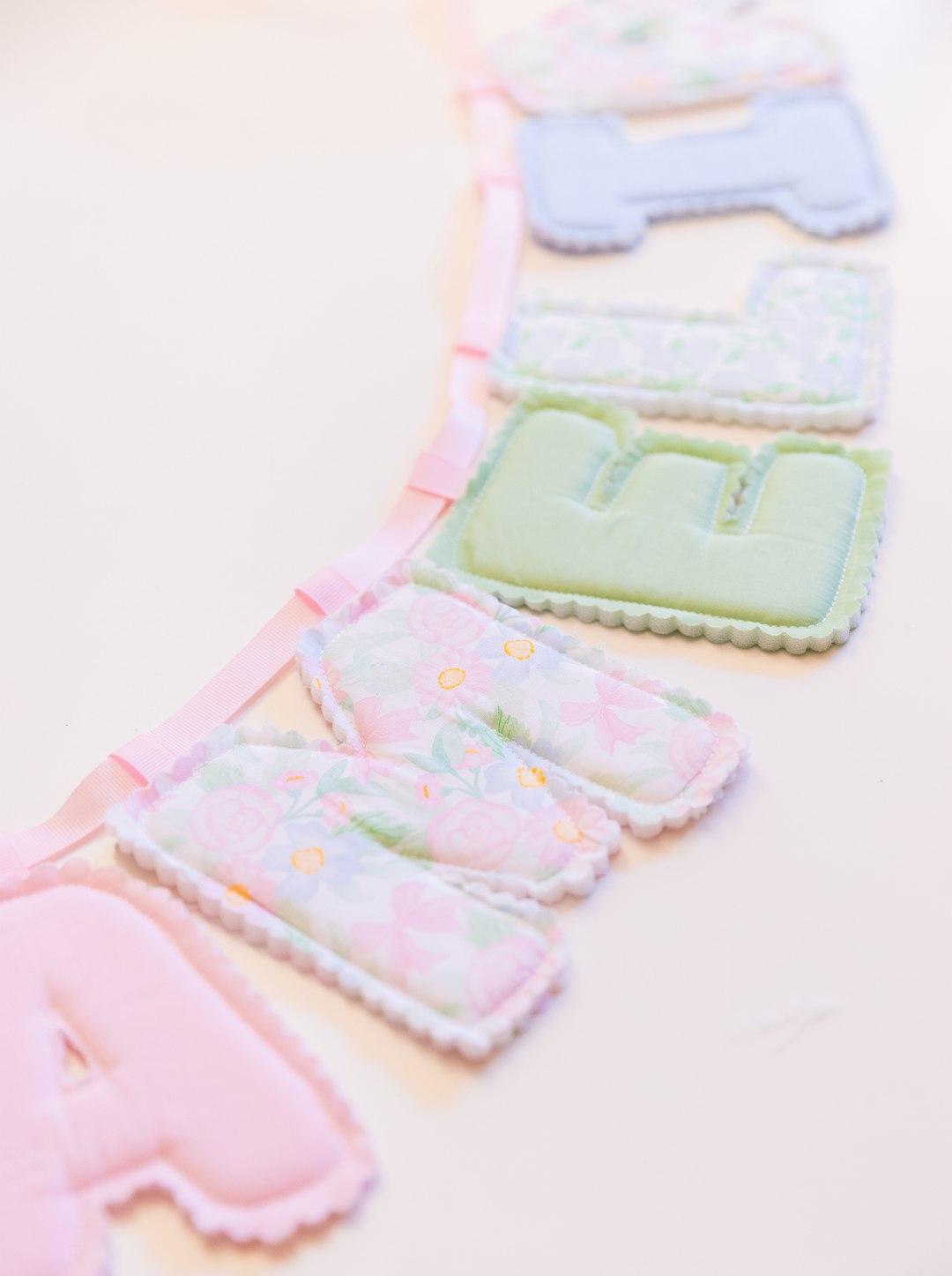 Pastel Floral Fabric Name Banner | Handmade Puffy Letter Bunting | Ready to Ship