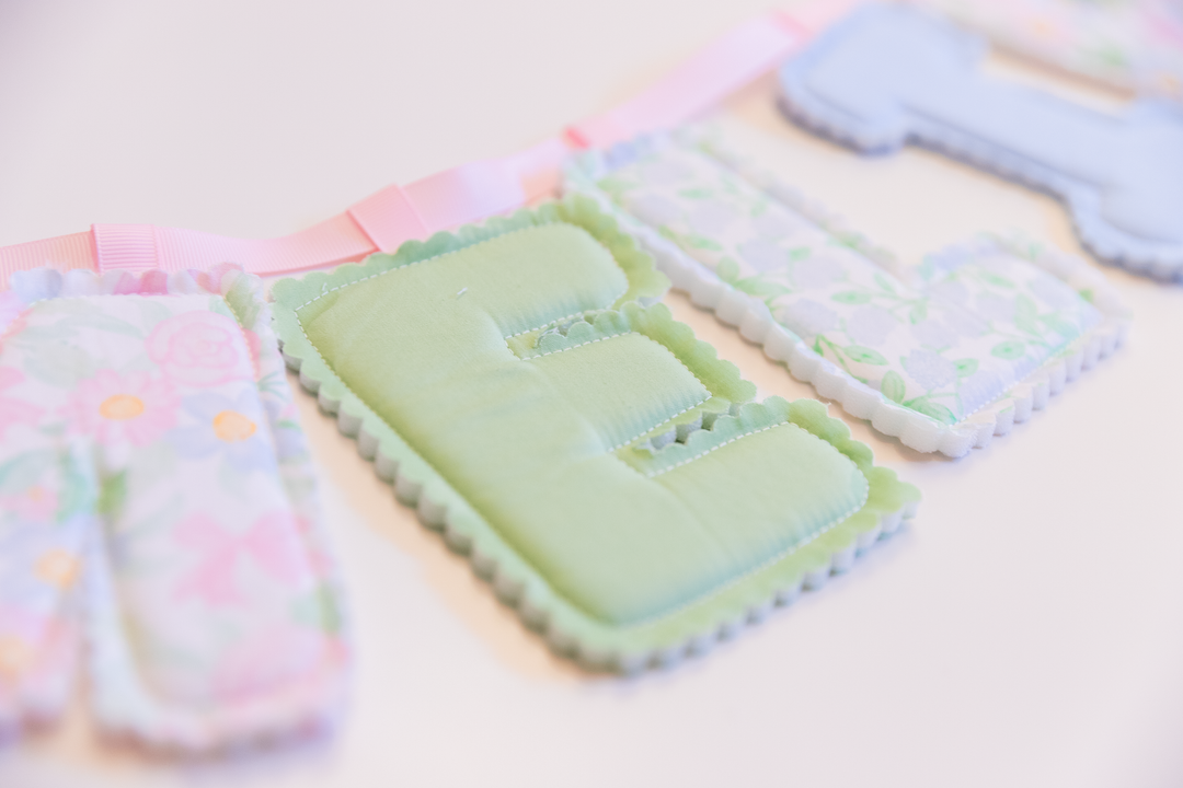 Pastel Floral Fabric Name Banner | Handmade Puffy Letter Bunting | Ready to Ship
