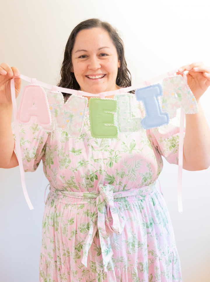 Pastel Floral Fabric Name Banner | Handmade Puffy Letter Bunting | Ready to Ship