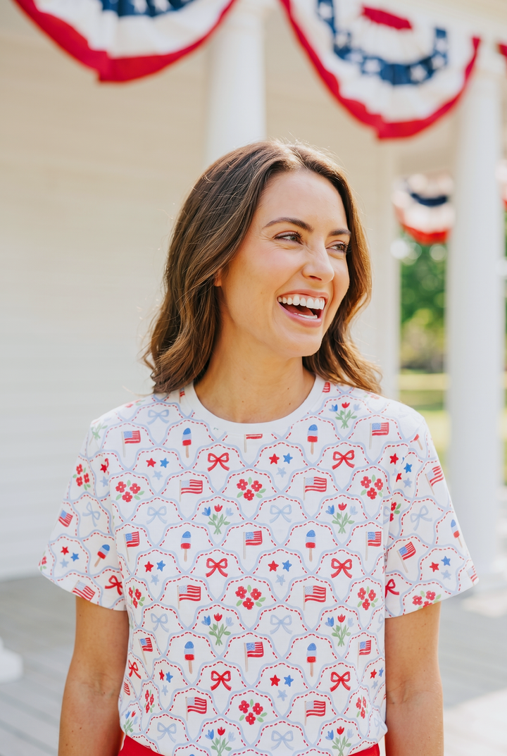 Patriotic All-Over Print Tee — Red, White &amp; Blue Stars and Flags Pattern