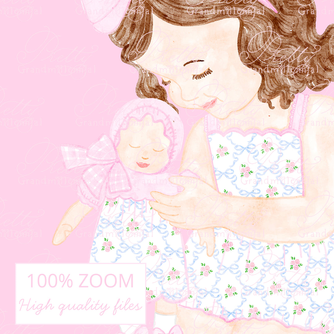 Grandmillennial Preppy girl holding doll multi skin