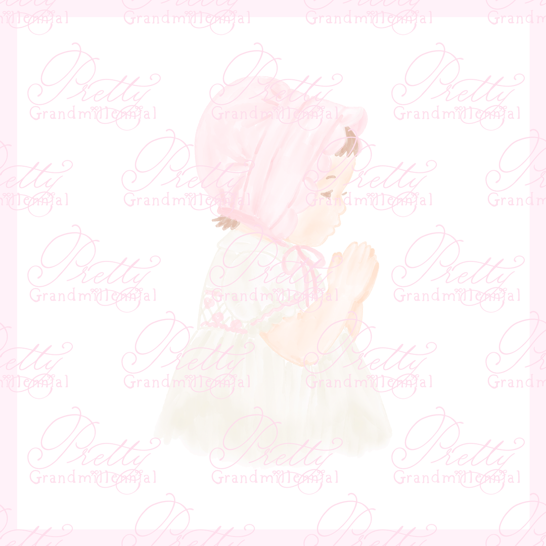 Grandmillennial Baby Girl Praying Heirloom Dress Pink Bonnet