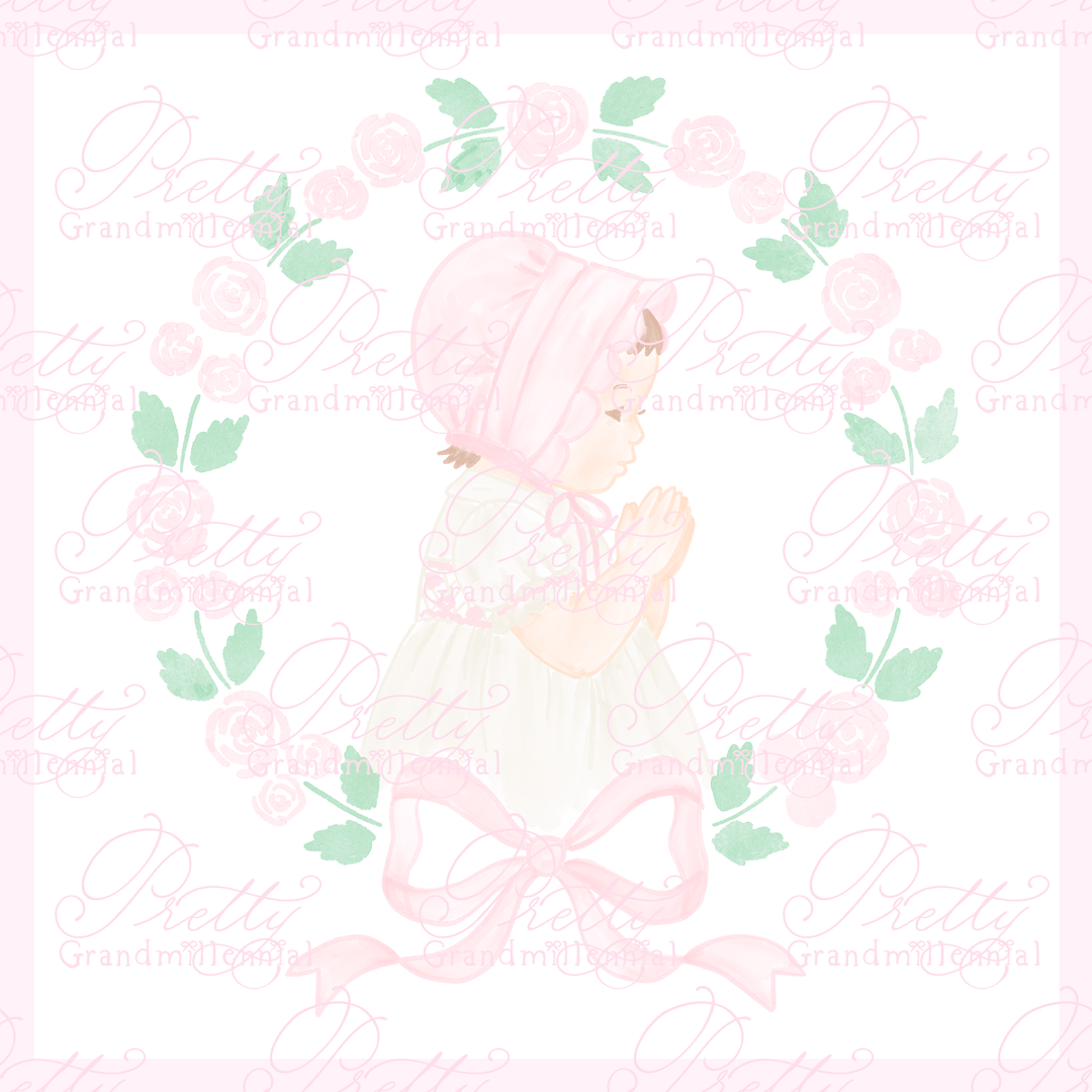 Grandmillennial Baby Girl Praying Heirloom Dress Pink Bonnet Wreath