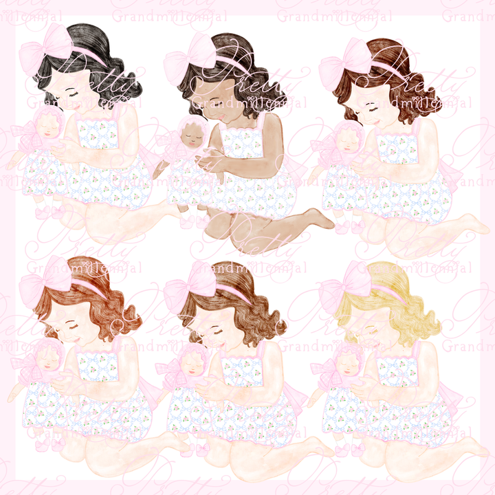 Grandmillennial Preppy girl holding doll multi skin