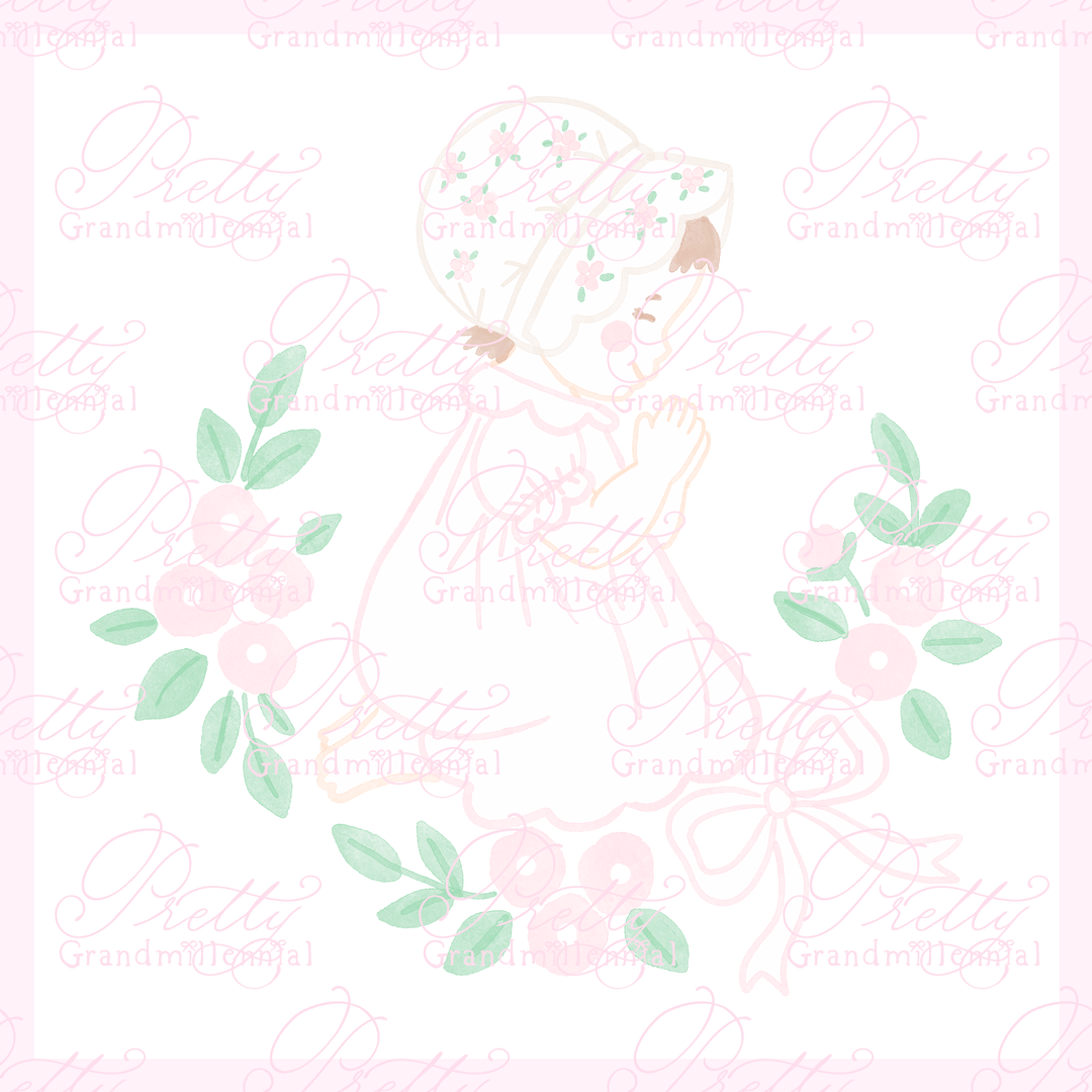 Grandmillennial Baby Girl Praying Heirloom Dress Floral Bonnet Wreath