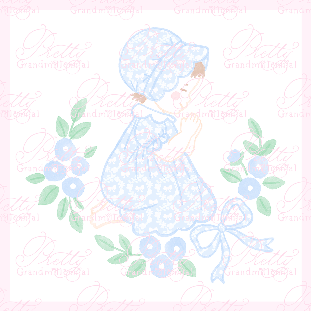 Grandmillennial Baby Girl Praying Blue Heirloom Dress Bonnet Wreath