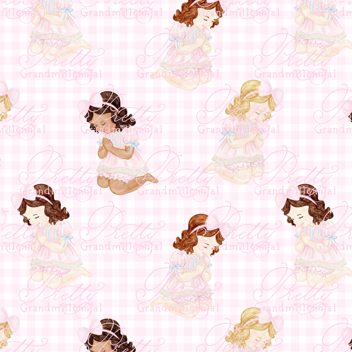 Grandmillennial Baby Girl Praying on Pink Gingham