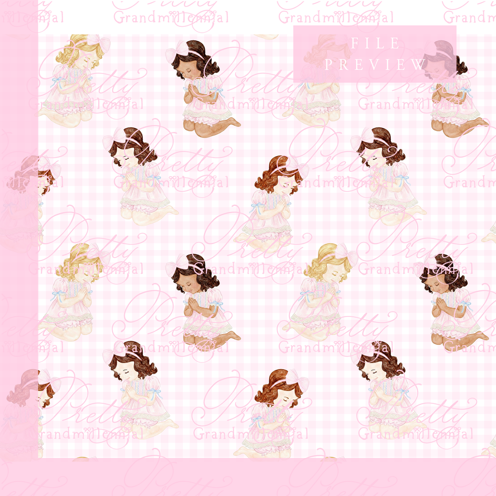 Grandmillennial Baby Girl Praying on Pink Gingham