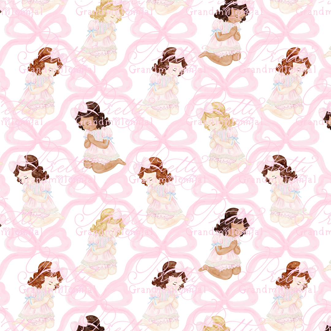 Grandmillennial Baby Girl Praying on Pink Ribbonerie