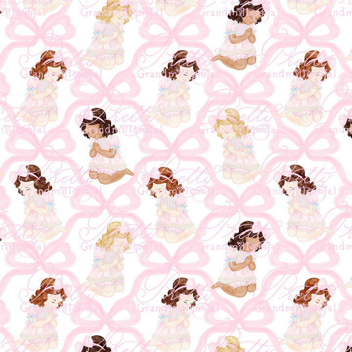 Grandmillennial Baby Girl Praying on Pink Ribbonerie
