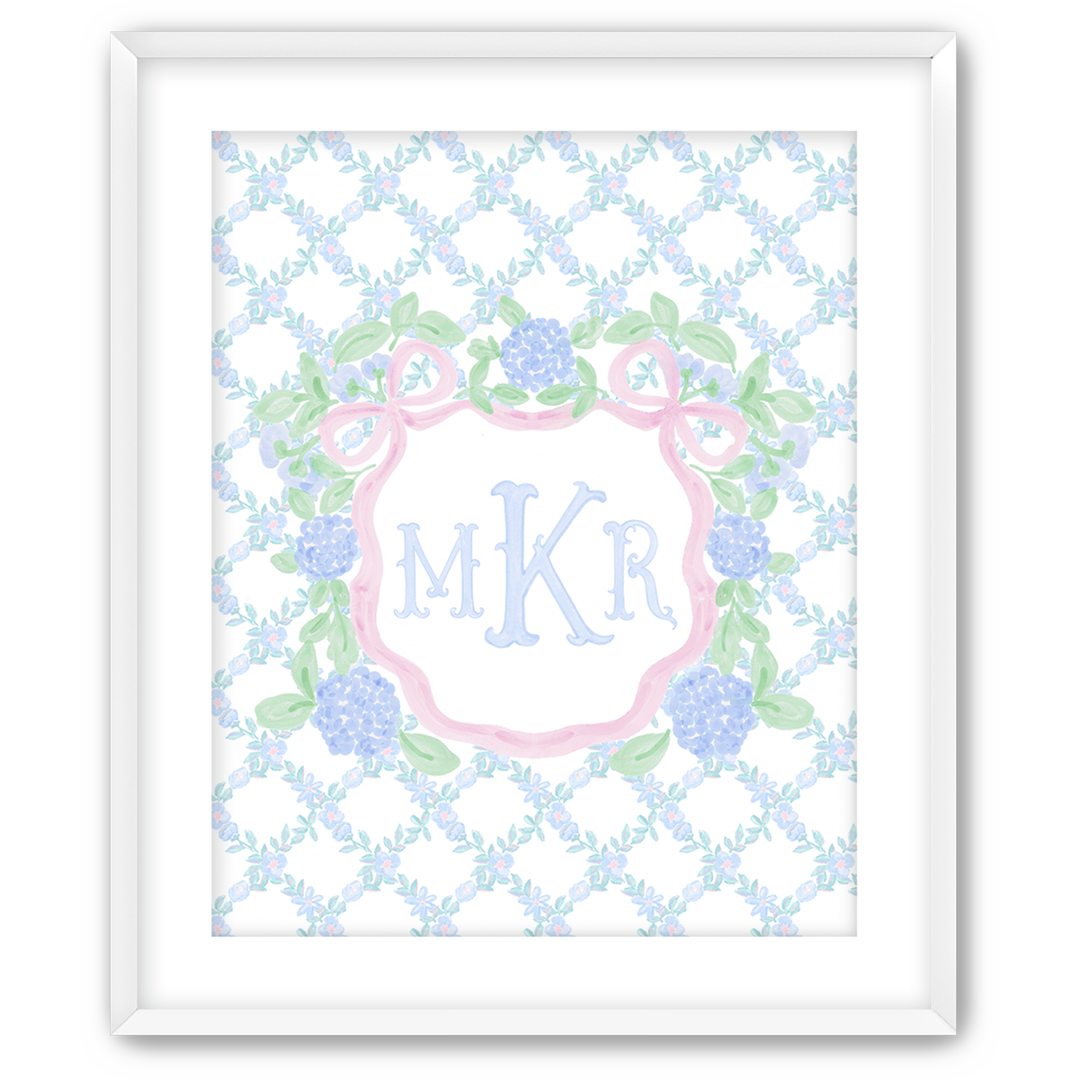 Hydrangea &amp; Bows Crest | Personalized Heirloom Nursery Art