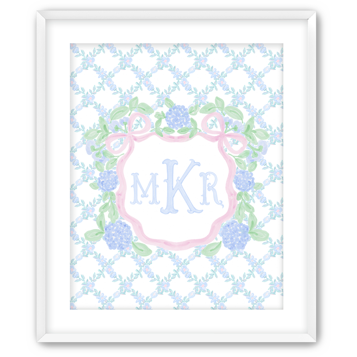 Hydrangea &amp; Bows Crest | Personalized Heirloom Nursery Art