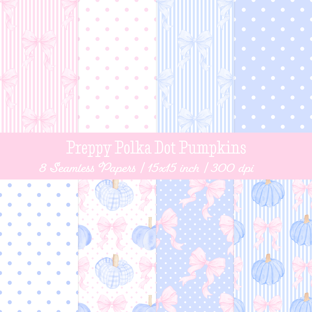Preppy Pink &amp; Blue Polka Dot Pumpkin Seamless Digital Paper Pack | 8 Watercolor Patterns